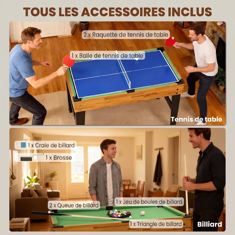 SPORTNOW Table multijeux 13 en 1, table de jeu baby-foot, billard, ping-pong, 121x109x80cm, pour enfants et adultes, noyer clair