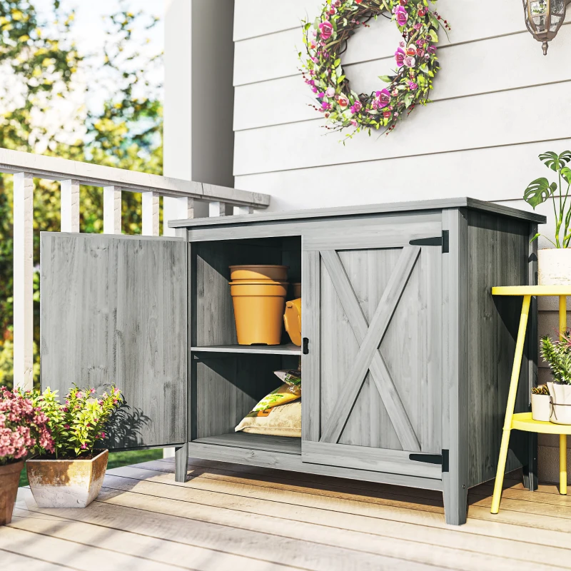 Outsunny Wooden Garden Shed, Outdoor Fir Wood Storage Shed with Shelf and Double Doors, Light Grey