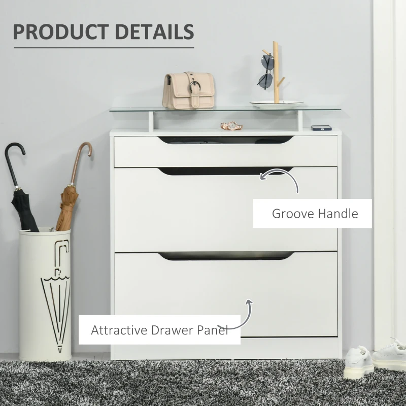 HOMCOM Armoire à Chaussures avec 2 Tiroirs Rabattables + 1 Tiroir Coulissant + 1 Comptoir et 1 Plateau en Verre blanc