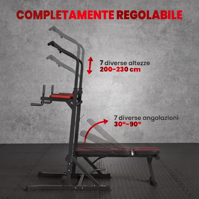 HOMCOM Power Tower Pieghevole con Panca Piana Regolabile, Rack Palestra Multifunzione con Barre per Dip e Trazioni, Altezza Regolabile 7 Livelli, in Acciaio, Allenamento Fitness Casa Palestra, Rosso
