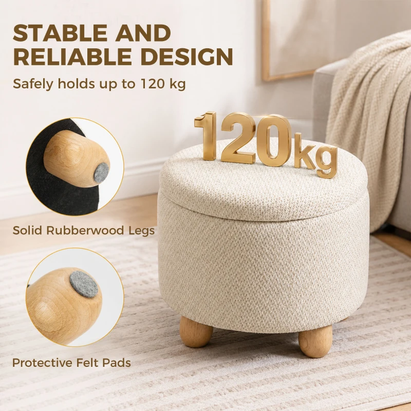 HOMCOM Hocker mit Stauraum, Runder Sitzhocker mit Deckel, Leinenoptik für Wohnzimmer, Schlafzimmer, 38,5x38,5x33,5 cm Beige