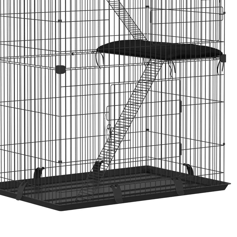 PawHut 3-Tier Large Cat Cage Indoor, Detachable Metal Wire Kennel with Hammock, Platforms, Tray and Cushions for 1-2 Kittens