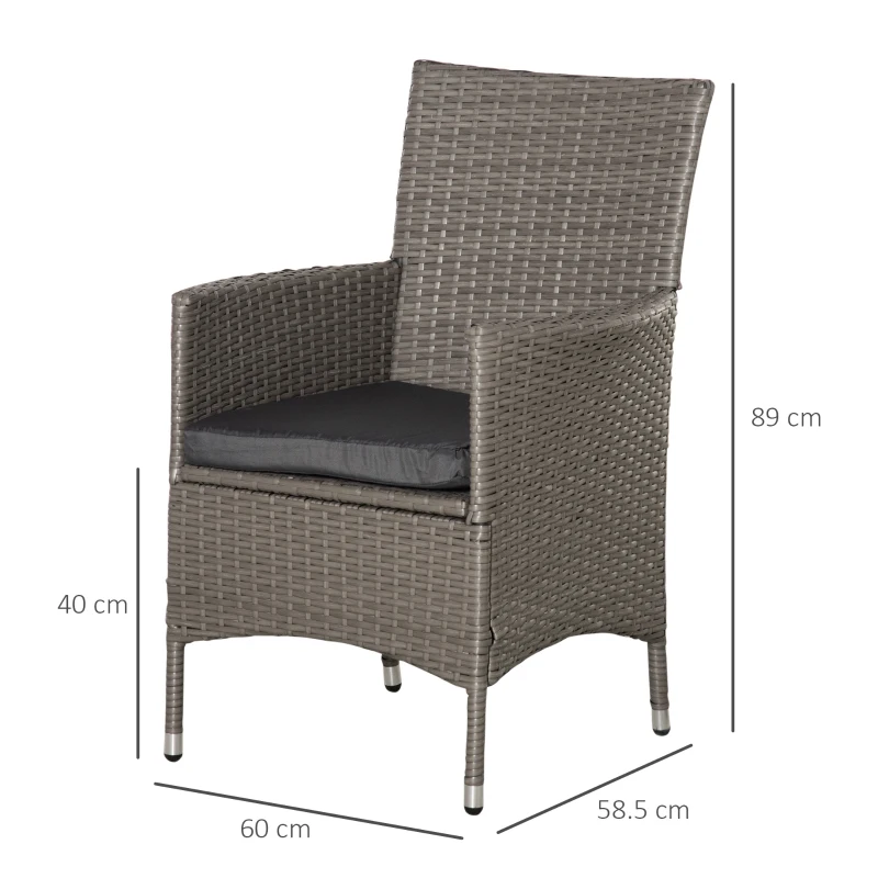 Outsunny 2 Pieces Outdoor PE Rattan Dining Chairs Set with Cushion, Garden Armchair with Armrests, High Backrest, Metal Frame Patio Wicker Furniture, Grey