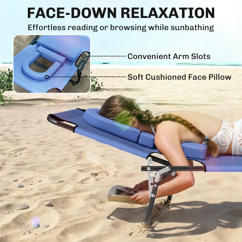 Outsunny Folding Sun Lounger with Face Hole, 4-Position Adjustable Backrest Garden Recliner Chair Sunbed, Outdoor Lounge Chair with 600 D Oxford Cloth Seat, Pillow for Beach, Blue