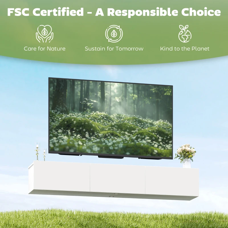 HOMCOM Zwevend tv-meubel, wandmontage, 3 lades, veel opbergruimte, 180 cm, spaanplaat, wit