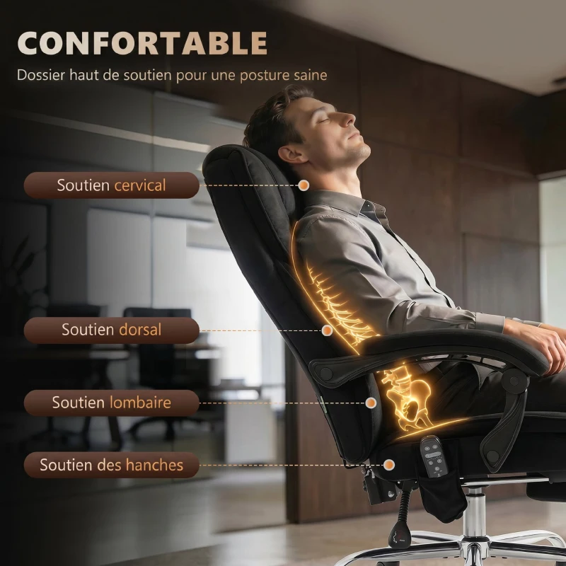 Vinsetto Fauteuil de bureau massant et chauffant hauteur réglable dossier inclinable télécommande repose-pieds rétractable noir