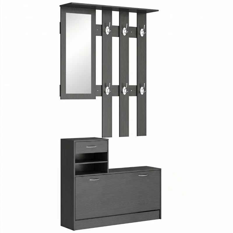 HOMCOM Ensembles 3 en 1 de meuble d'entrée vestiaire avec panneau porte-manteau, miroir et banc à chaussures noir