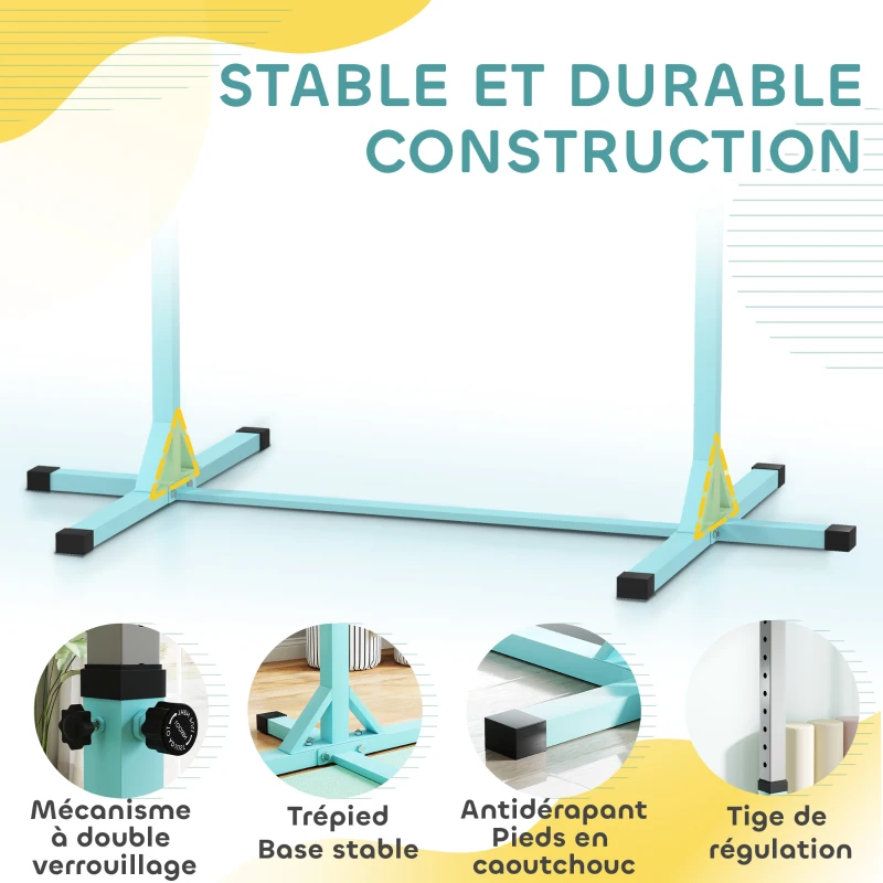 HOMCOM Barre fixe de gymnastique pour enfant, hauteur réglable 13 niveaux de 92-150 cm, en acier et bois en hêtre, cyan