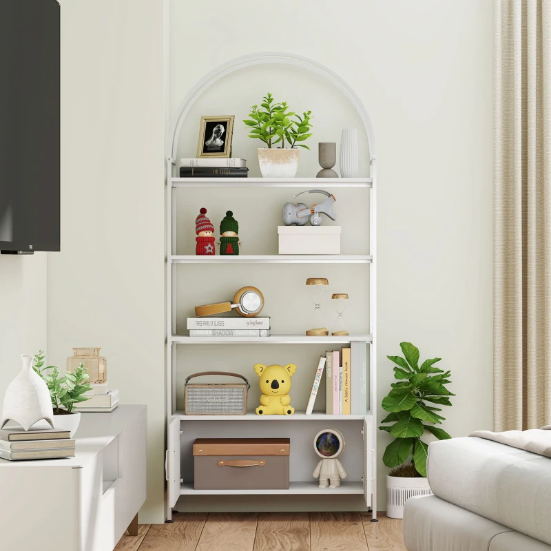 HOMCOM Étagère de rangement, bibliothèque arquée à 4 niveaux avec placard double porte, 80 x 30 x 187 cm, blanc