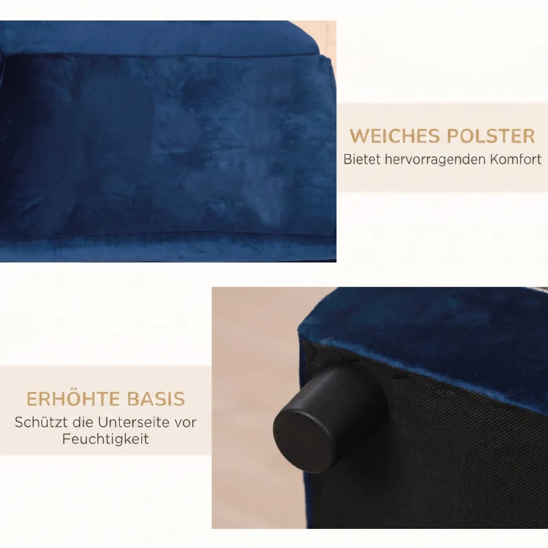 PawHut Sofa dla zwierząt ze schowkiem, miękką poduszką, nośność do 15 kg, pluszowe obicie, rama z twardego drewna, Niebieski