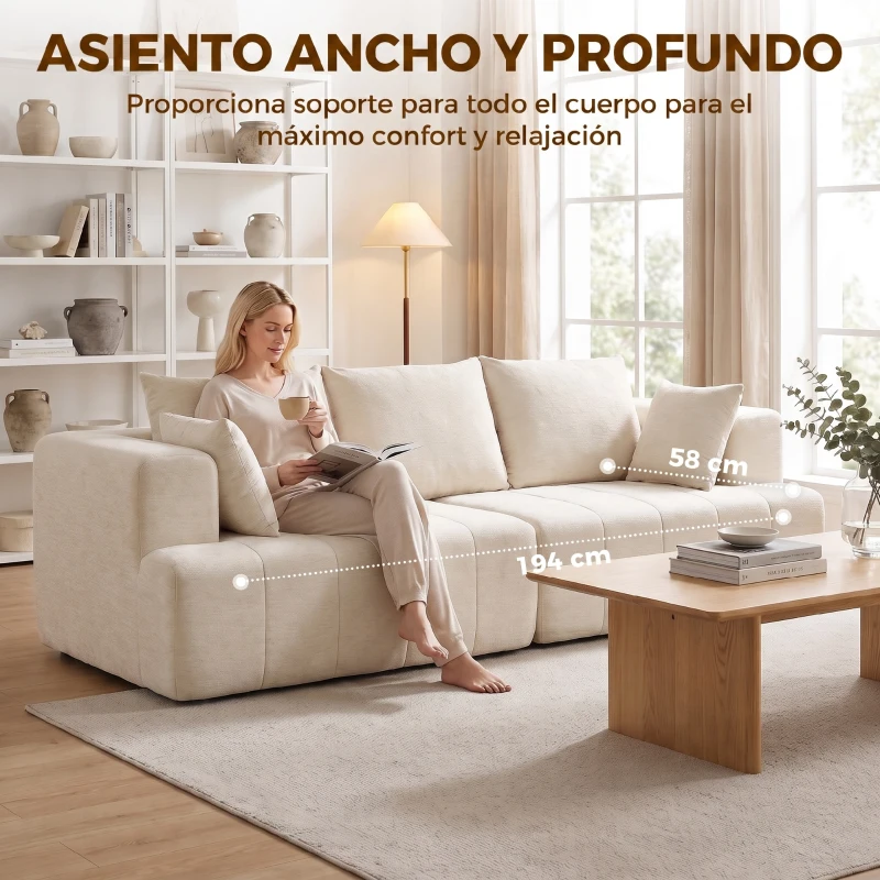 HOMCOM Sofá 3 Plazas en Chenilla 248 cm Sofá Moderno de Salón Asiento Amplio Acolchado Cojines con Muelles Beige