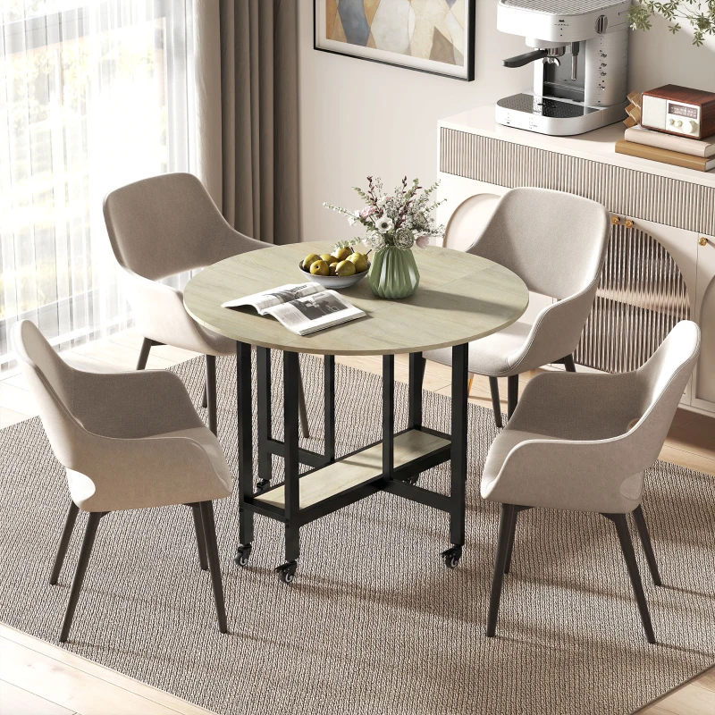 HOMCOM Klapptisch, Tisch mit Klappfunktion und offener Ablage, Rollbarer Küchentisch für Esszimmer, kleine Räume, Natur