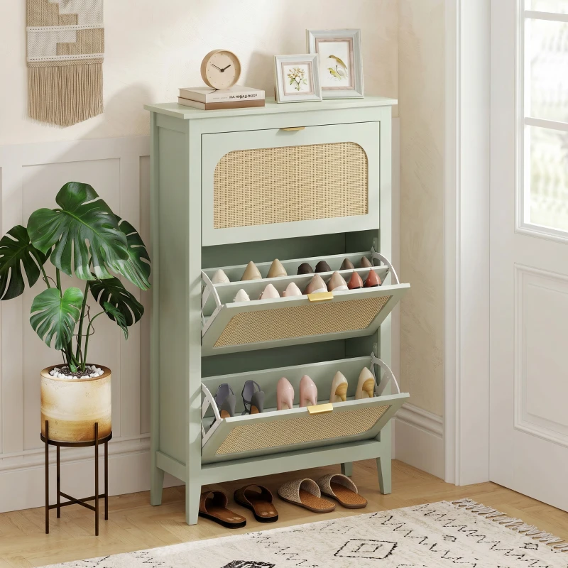 HOMCOM Narrow Shoe Cabinet, Boho Slim Shoe Storage Cabinet with 3 Flip Drawers, Holds 21 Pairs, Light Green