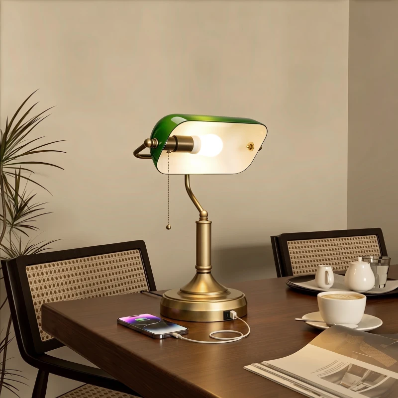 HOMCOM Desk Lamp with USB Ports, Banker's Table Lamp Desk Lamp with Vintage Bronze Tone Base and Pull Rope Switch, Green