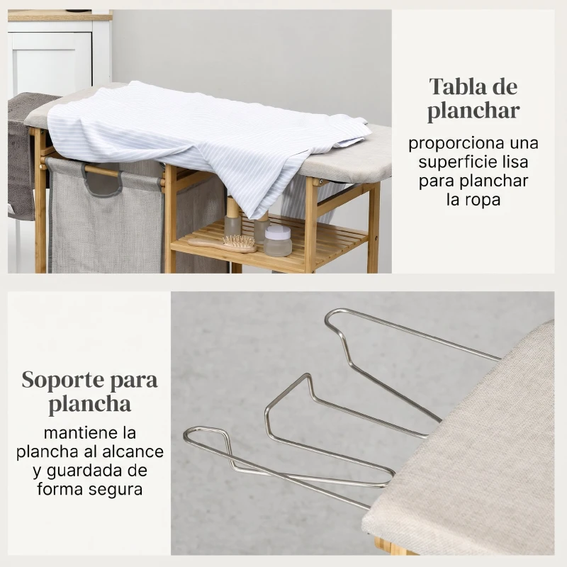 HOMCOM Cesto de Ropa Sucia 57,4L con Tabla de Planchar Soporte para Plancha 3 Estantes y Bolsa Extraíble 113x34x82 cm Natural