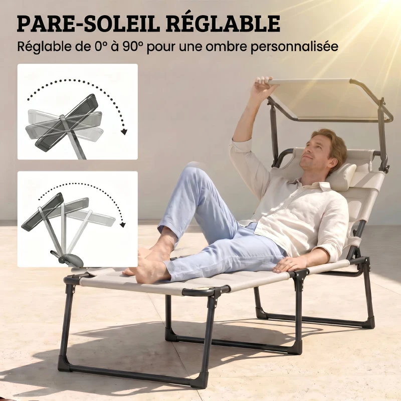 Outsunny Lot de 2 Bains de soleil transats pliables grand confort dossier pare-soleil réglables multi-positions, crème