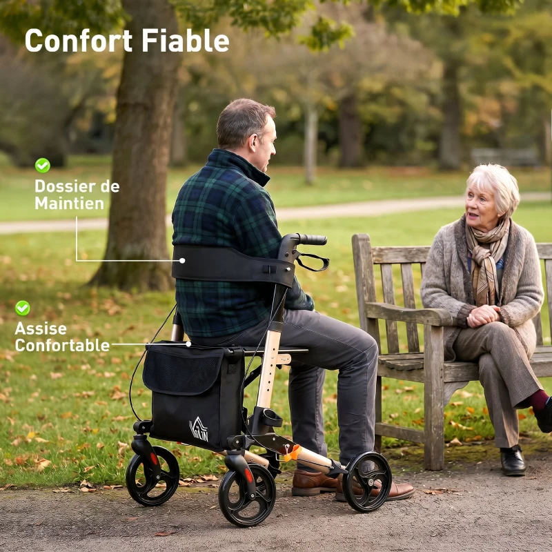HOMCOM Déambulateur 4 Roues Pliable en Aluminium, Hauteur Réglable 6 Positions, Freins Doubles, Rangement, 64x67x92cm, Doré