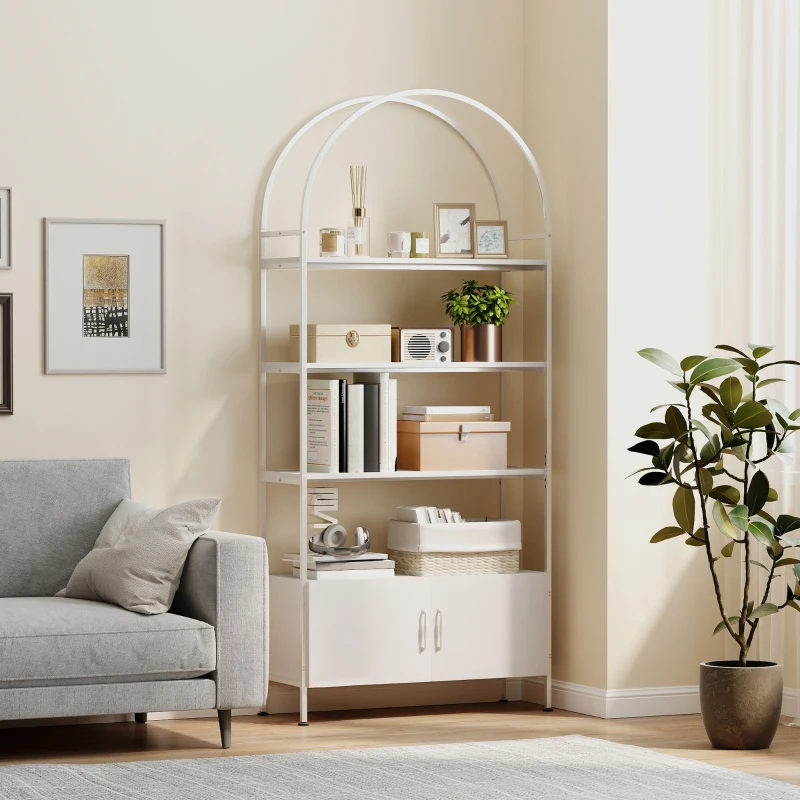HOMCOM Étagère de rangement, bibliothèque arquée à 4 niveaux avec placard double porte, 80 x 30 x 187 cm, blanc