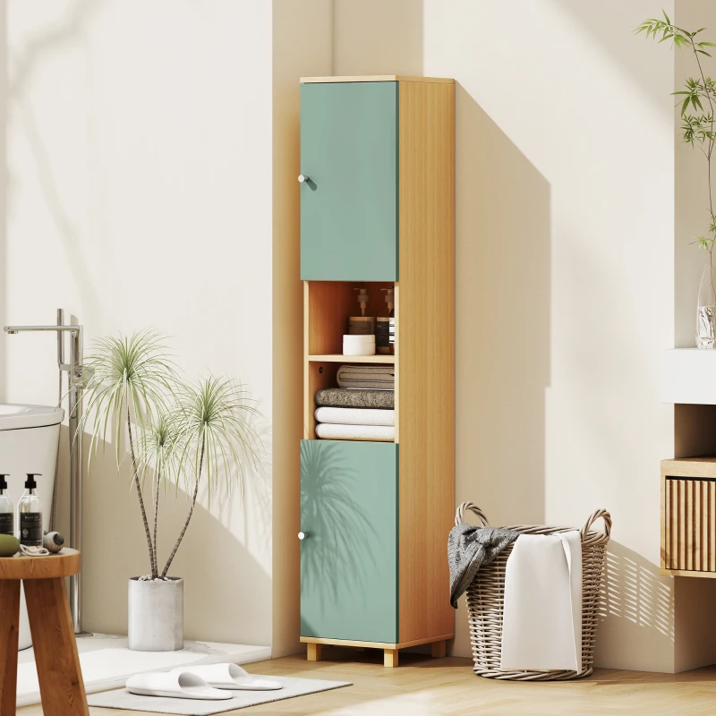 HOMCOM Meuble de salle de bain meuble de rangement 2 placards 2 compartiments ouverts étagères réglables 30 x 30 x 166 cm, vert