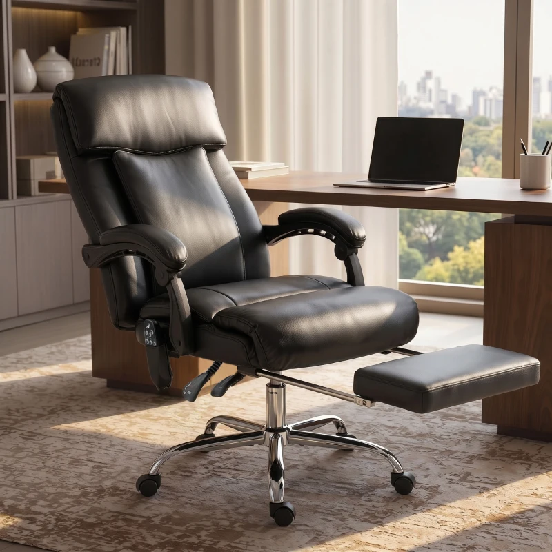 HOMCOM Scaun de birou cu masaj vibrant și încălzire, scaun ergonomic din PU cu înălțime reglabilă, Negru