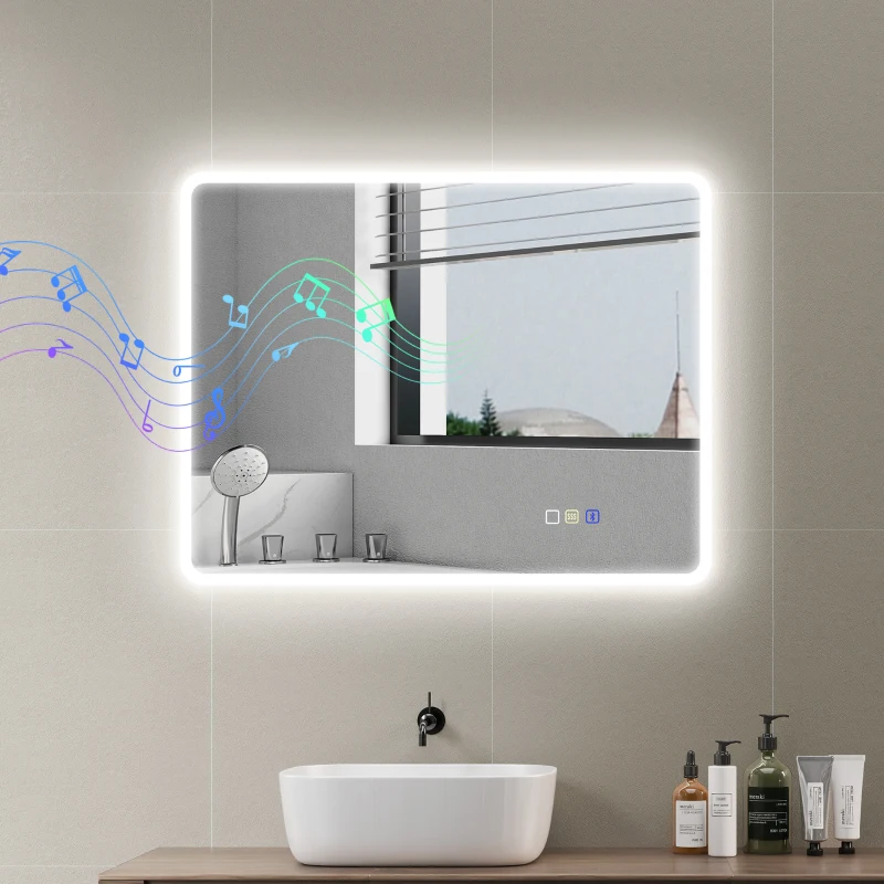 HOMCOM Espelho LED para Casa de Banho 90x70 cm com Bluetooth, 3 Tons de Luz, Antiembaciamento, Memória e IP44