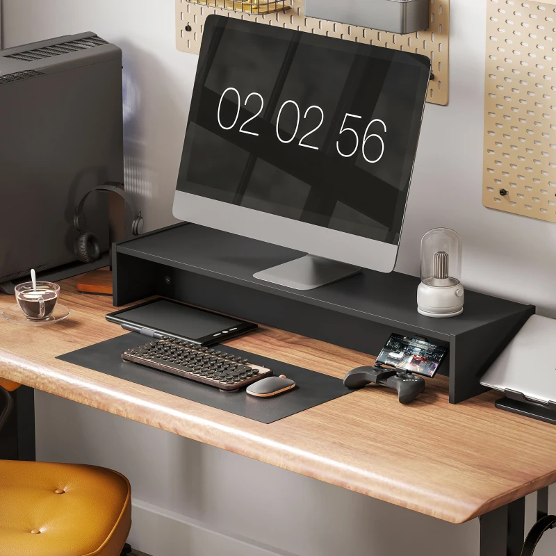 HOMCOM Rehausseur écran PC bureau support d'écran d'ordinateur de 100 cm support moniteur avec deux compartiments, noir