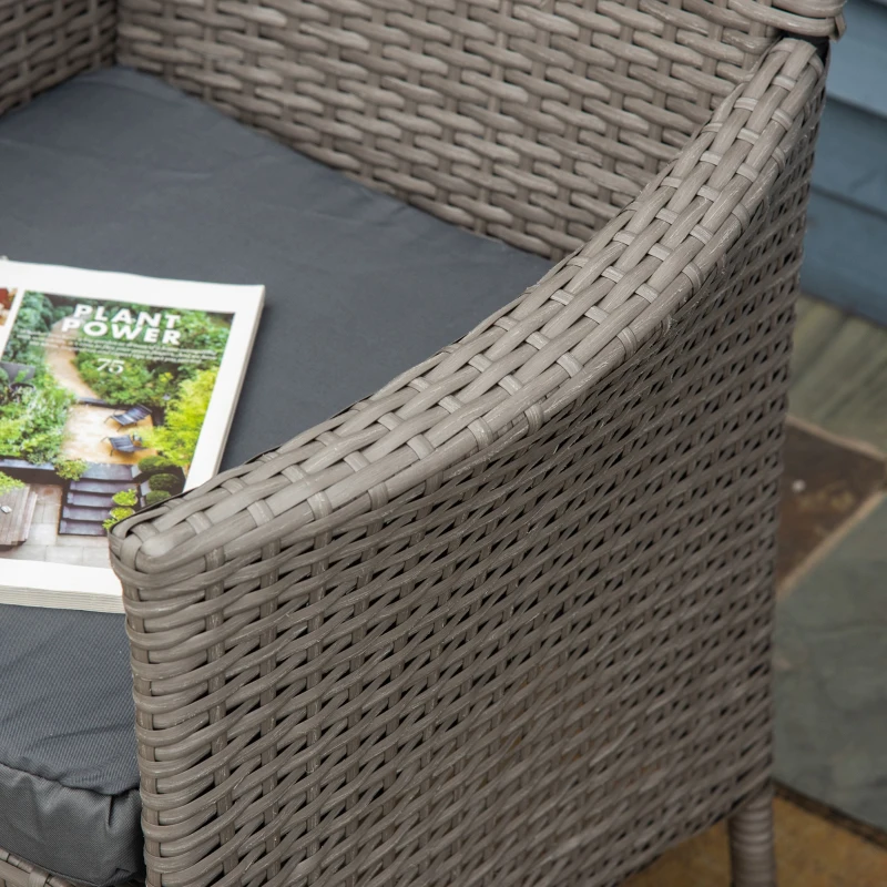 Outsunny 2 Pieces Outdoor PE Rattan Dining Chairs Set with Cushion, Garden Armchair with Armrests, High Backrest, Metal Frame Patio Wicker Furniture, Grey