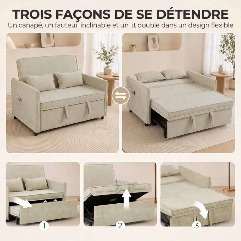 HOMCOM Canapé Convertible 2 Places, Canapé-Lit 3 en 1 Chenille 125 cm avec Dossier Réglable, Assise Large, 2 Oreillers, Crème