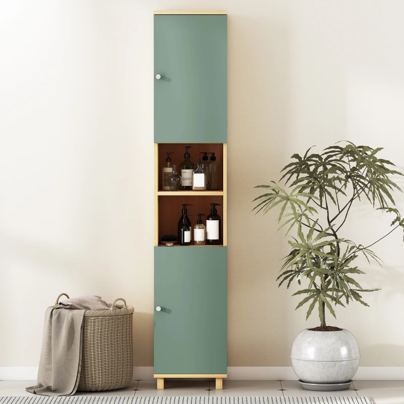 HOMCOM Meuble de salle de bain meuble de rangement 2 placards 2 compartiments ouverts étagères réglables 30 x 30 x 166 cm, vert