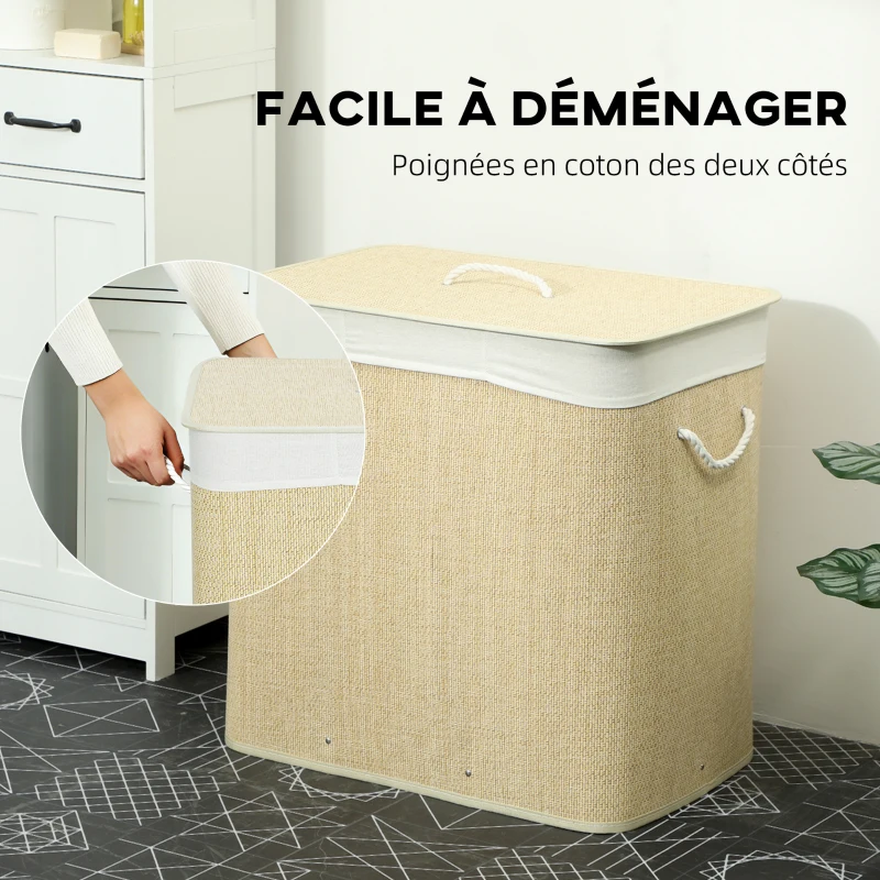 HOMCOM Panier à linge à trois compartiments avec couvercle, panier à linge en bambou 144 L avec poignées en corde