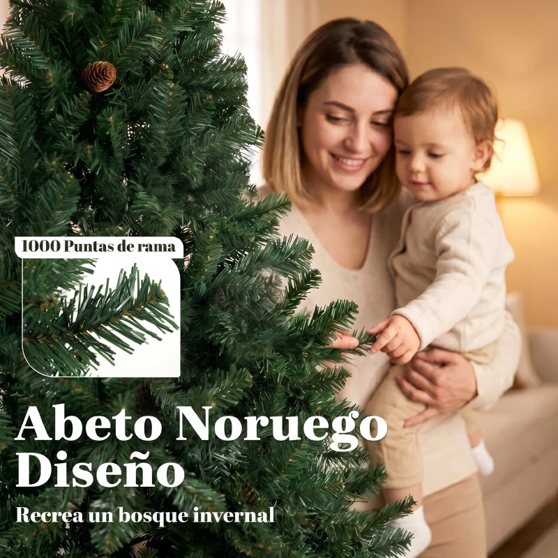 HOMCOM Árbol de Navidad Artificial 200 cm con 1000 Ramas Base Plegable Diseño por Secciones Fácil de Montar Verde