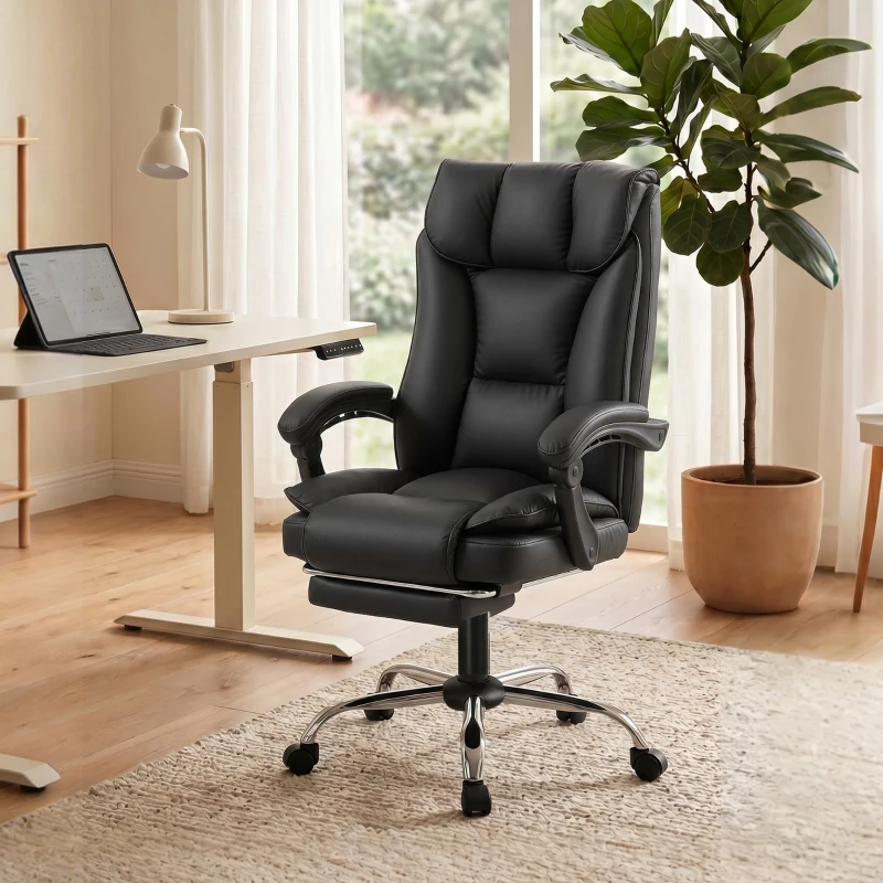 HOMCOM Chaise de bureau ergonomique, fauteuil de bureau inclinable avec repose-pieds, hauteur réglable, pivotante 360°, noir