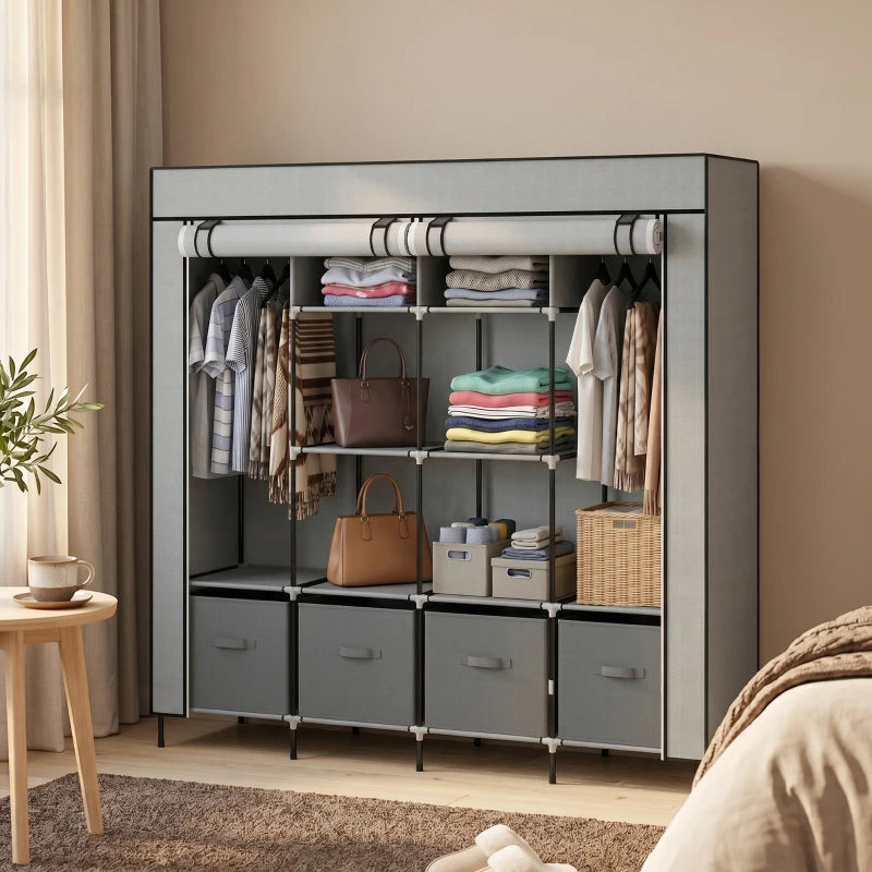 HOMCOM Kleiderschrank Stoffschrank, Türen, 2 Kleiderstangen, 10 Fächer, Grau(m-2)