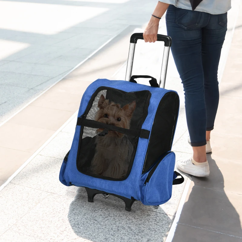 PawHut Sac de transport à roulettes pour chien 2 en 1 trolley chariot sac à dos pour chien chat avec poignée téléscopique, sacs de rangement, aérations, attache de sécurité, 42 x 25 x 55 cm, bleu