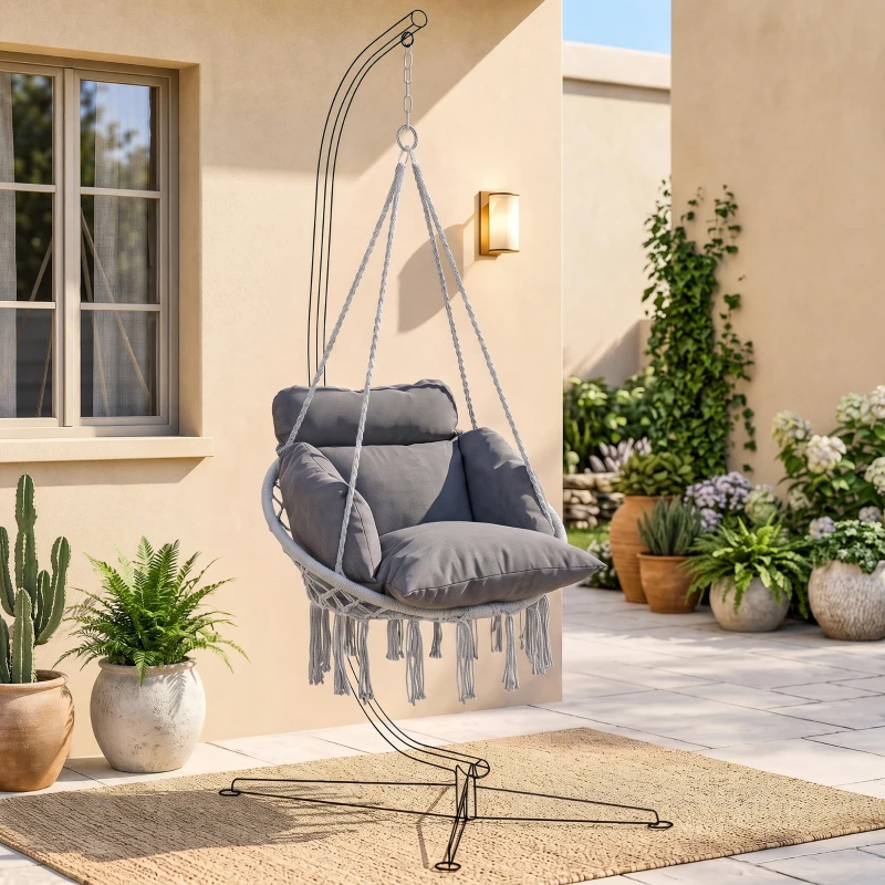 Outsunny Hanging Chair Outdoor Hammock Chair with Soft Cushion, Cotton Rope Boho Style Swing Chair, Hanging Garden Swing Seat for Indoor Outdoor, Dark Grey