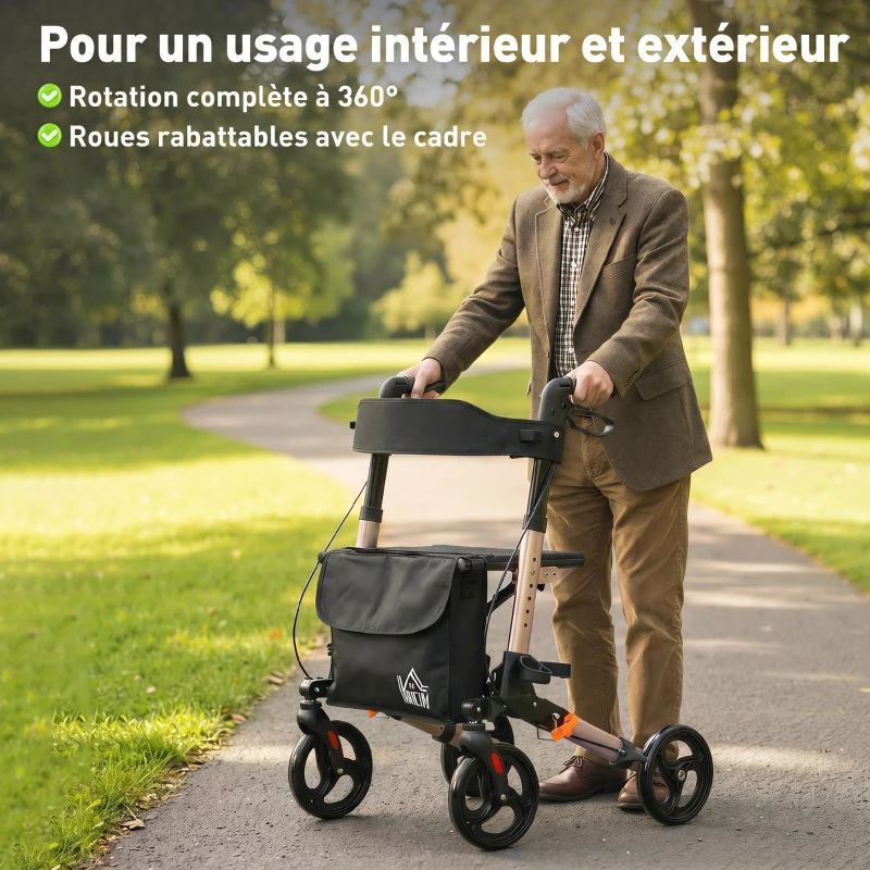HOMCOM Déambulateur 4 Roues Pliable en Aluminium, Hauteur Réglable 6 Positions, Freins Doubles, Rangement, 64x67x92cm, Doré