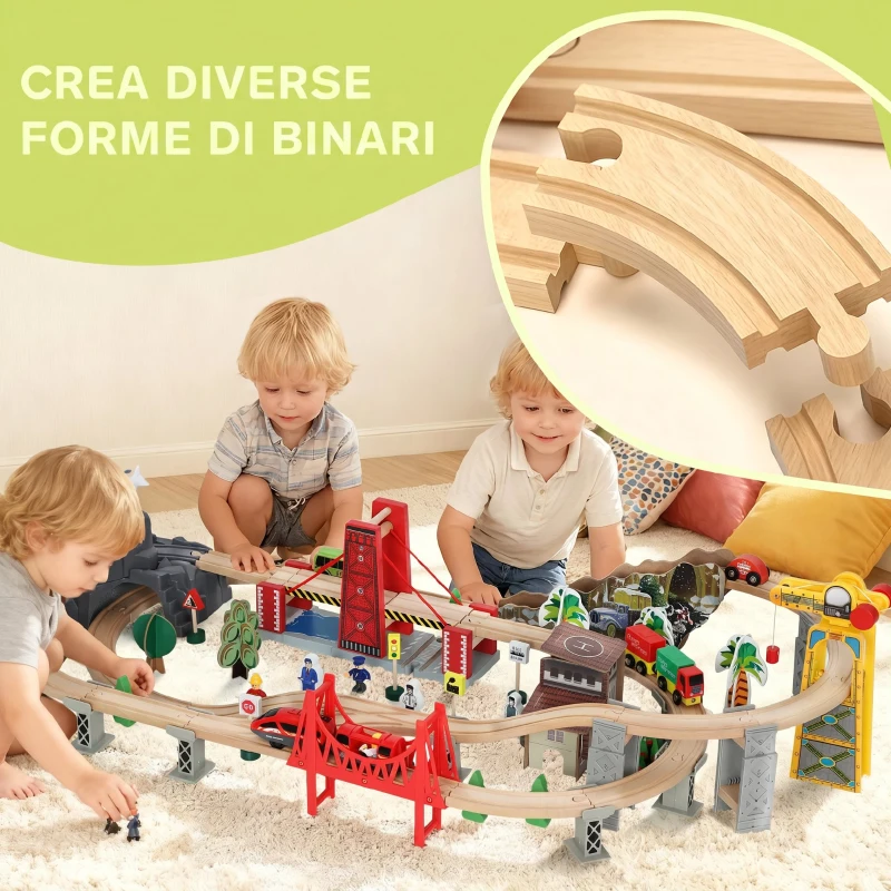 AIYAPLAY Set Ferroviario in Legno, 100 Pezzi per Bambini 3+ Anni con Gru Magnetica, Treni, Ponte, Elicottero