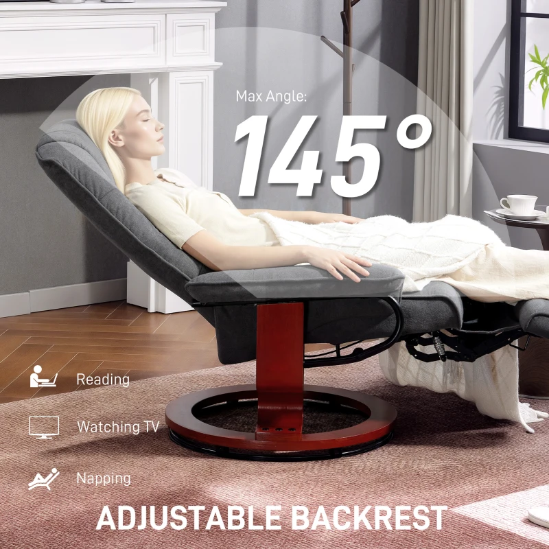 HOMCOM Draaibare relaxfauteuil, linnenlook, handmatig verstelbaar, met houten voet, voetensteun, hoge rugleuning, grijs