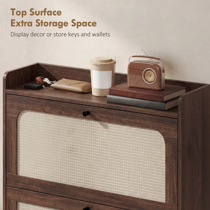 HOMCOM Shoe Cabinet with 2 Flip Drawers, Boho Narrow Shoe Storage Cabinet, Dark Brown