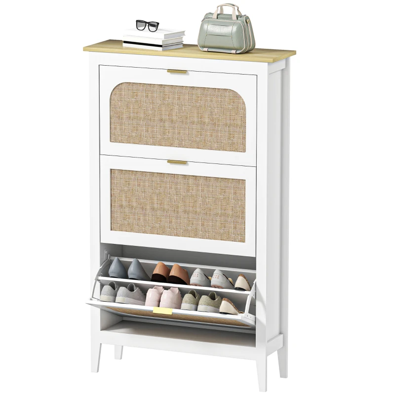 HOMCOM Narrow Shoe Cabinet, Boho Slim Shoe Storage Cabinet with 3 Flip Drawers, Holds 21 Pairs, White