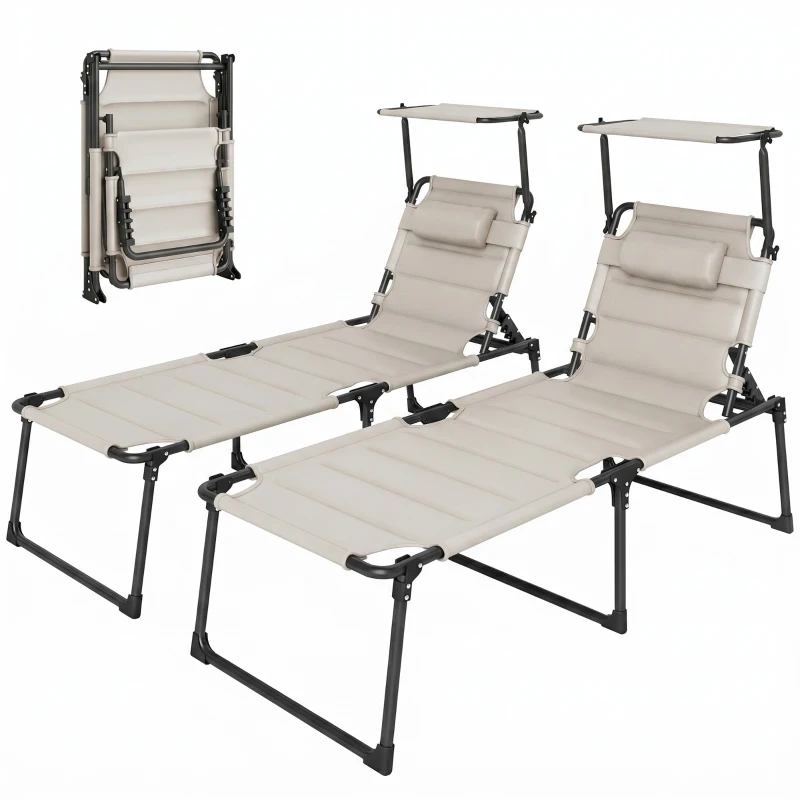 Outsunny Lot de 2 Bains de soleil transats pliables grand confort dossier pare-soleil réglables multi-positions, crème