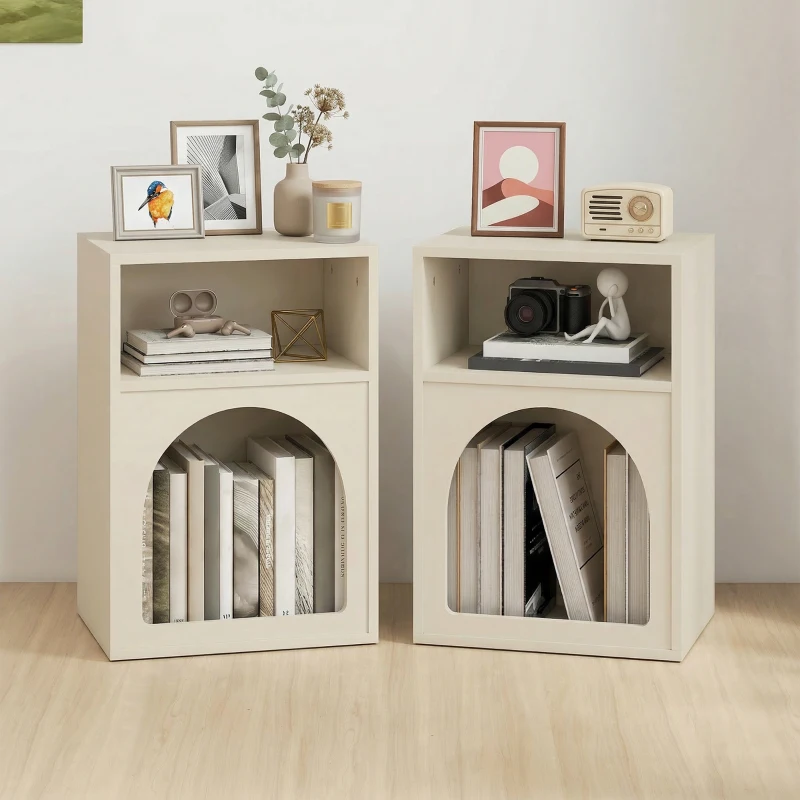 HOMCOM Lot de 2 tables de chevet, table de nuit avec compartiments ouverts, design arqué, 40 x 30 x 60 cm, crème