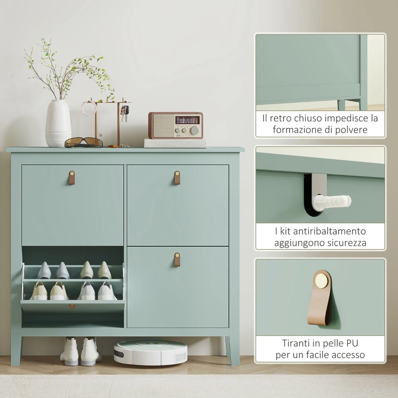 HOMCOM Scarpiera Slim 4 Cassetti per 20 Paia di Scarpe Taglia EU44 e Ripiani Regolabili, 105x24x95.5cm, Verde