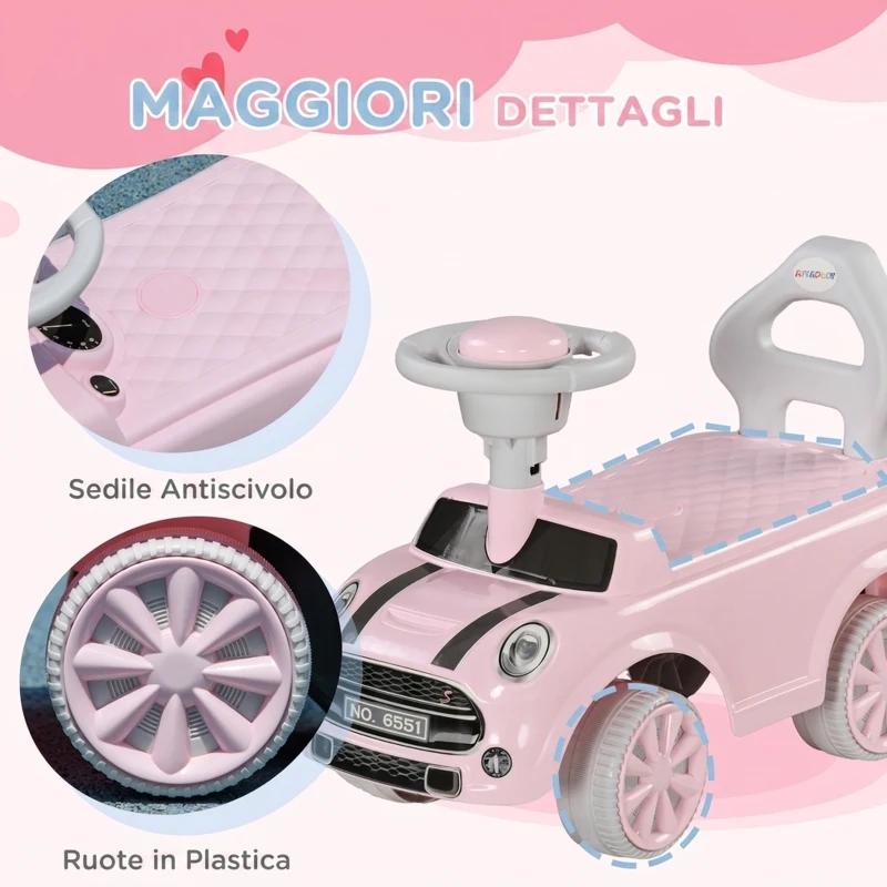 AIYAPLAY Macchina Cavalcabile per Bambini 18-36 Mesi a Spinta Manuale con Clacson, Volante Funzionante, Rosa