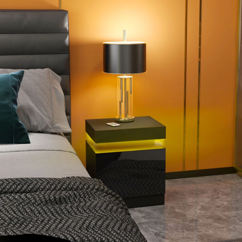 HOMCOM Comodino LED a 16 Colori e 4 Modalità con 2 Cassetti, in Legno, 45x35x52 cm, Nero