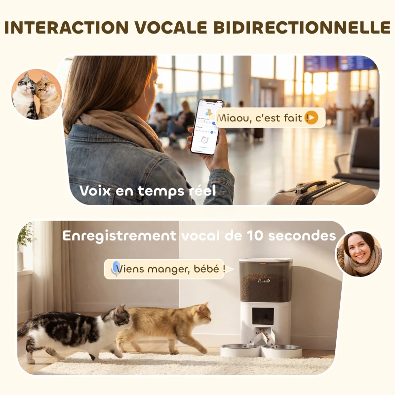 PawHut Distributeur Croquettes Chat Automatique 2 Animaux 6L Double Bol Inox WiFi Tuya App ABS 37x36x35cm Blanc