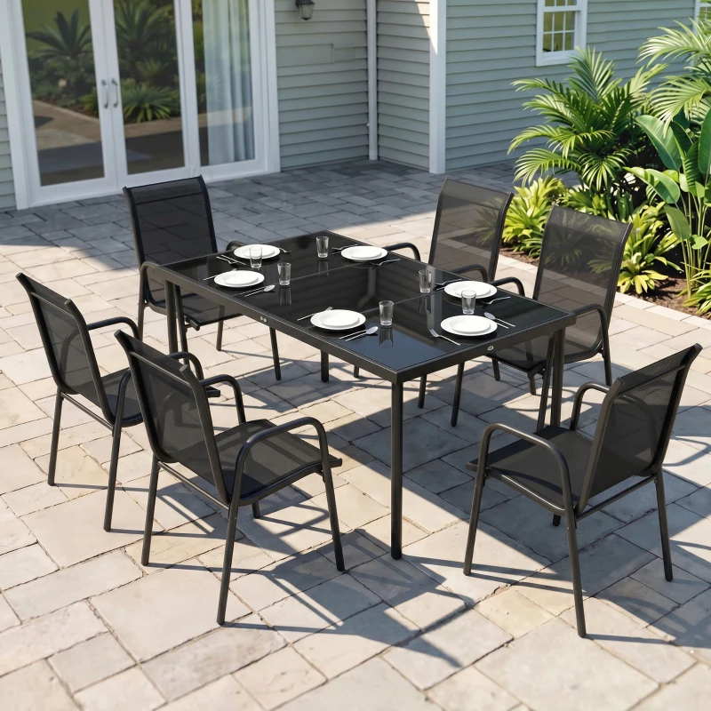 Outsunny Salon de Jardin 6 Personnes Ensemble Table et Chaises Jardin avec Chaises Empilables en Textilène 70x51x87cm Noir