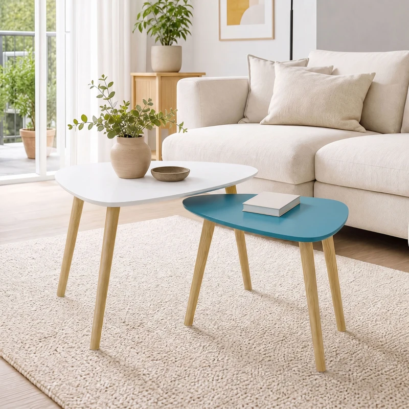 HOMCOM Lot de 2 tables basses gigognes design scandinave pieds en bois et plateau en bois, blanc et bleu