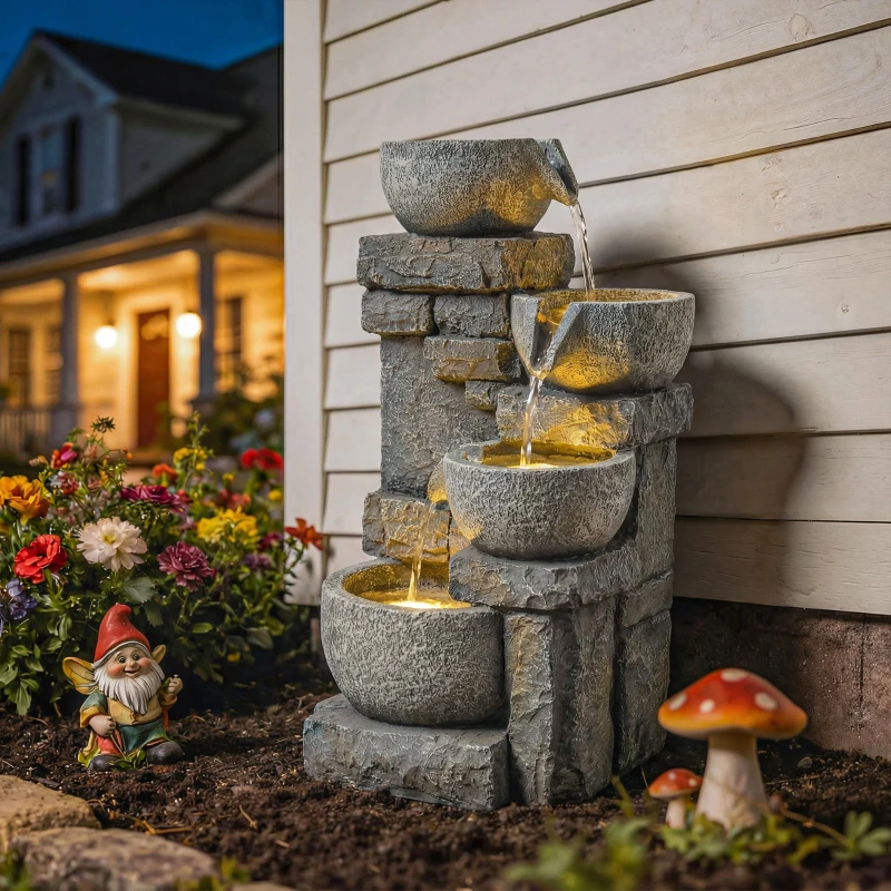 Outsunny Fontaine de Jardin Cascade 4 Niveaux Décoration Effet Pierre et Brique avec Éclairage LED 28 x 25 x 54,5 cm Gris