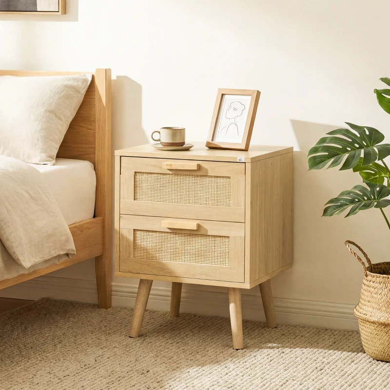 HOMCOM Lot de 2 tables de chevet tables d'appoint 2 tiroirs façades aspect cannage rotin style bohème 40 x 40 x 56 cm naturel